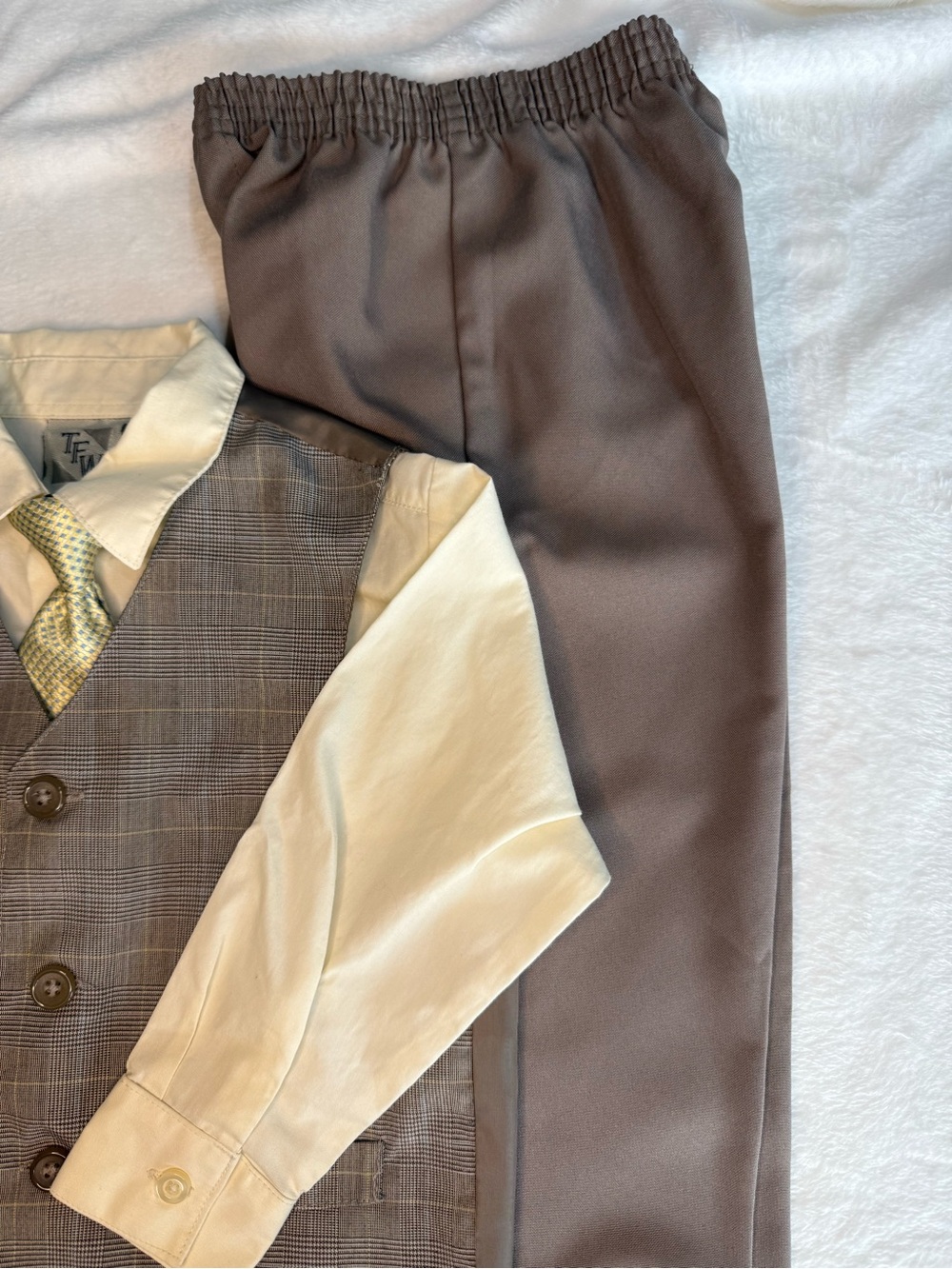 TFW Boys Plaid Vest & Brown Dress Pants Set - Beige Shirt